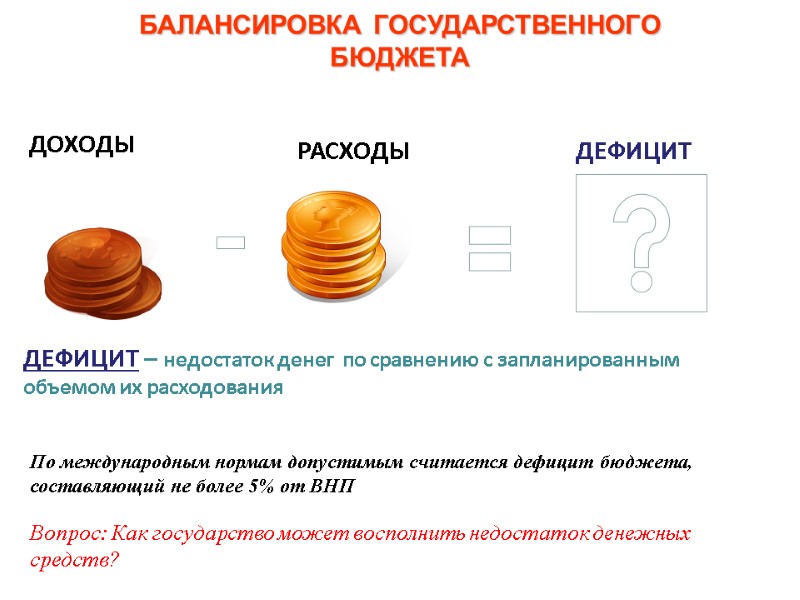 БАЛАНСИРОВКА ГОСУДАРСТВЕННОГО БЮДЖЕТА Вопрос: Как государство может восполнить недостаток денежных средств?  По международным